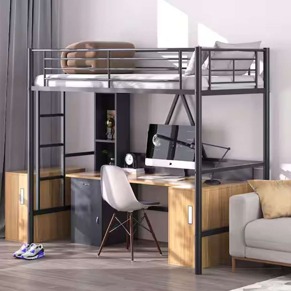 Twin Size Loft Bed, Black Metal Bedframe with Removable Ladder and Safety Guardrail, No Box Spring Needed, Space Saving