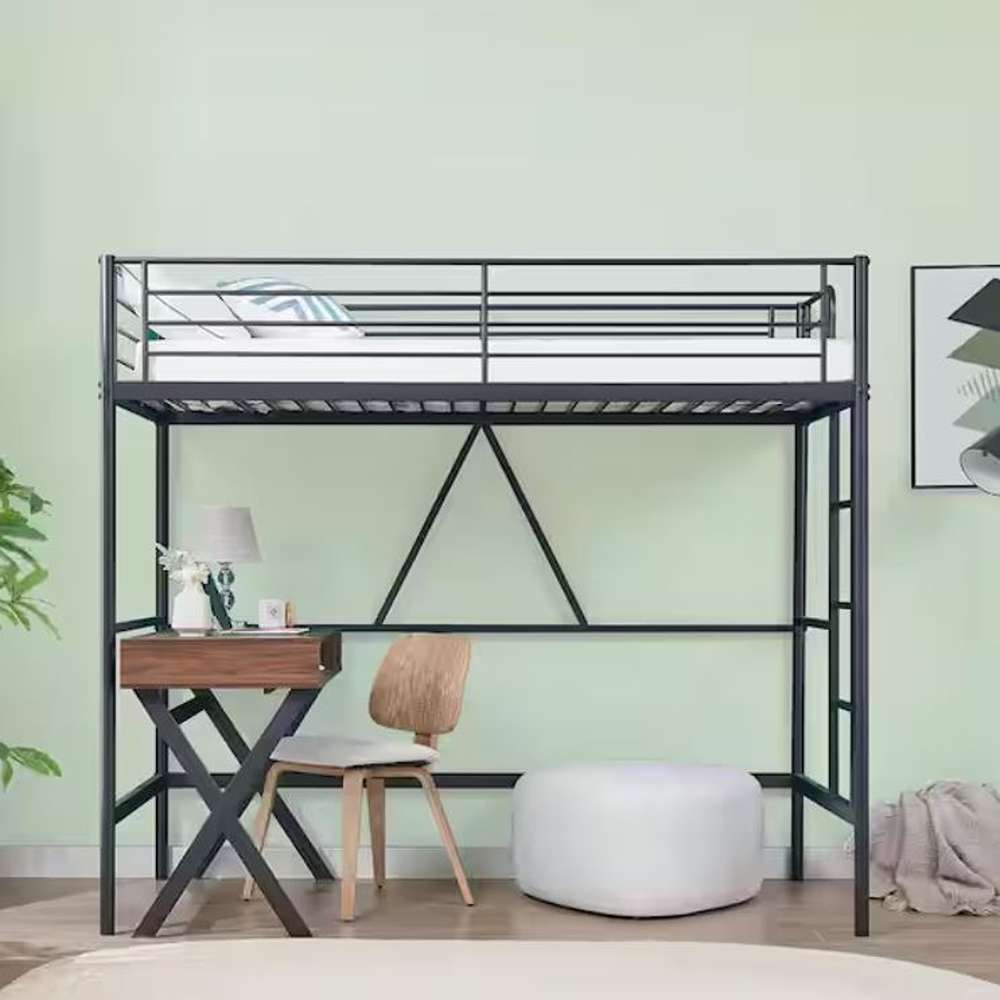 Twin Size Loft Bed, Black Metal Bedframe with Removable Ladder and Safety Guardrail, No Box Spring Needed, Space Saving