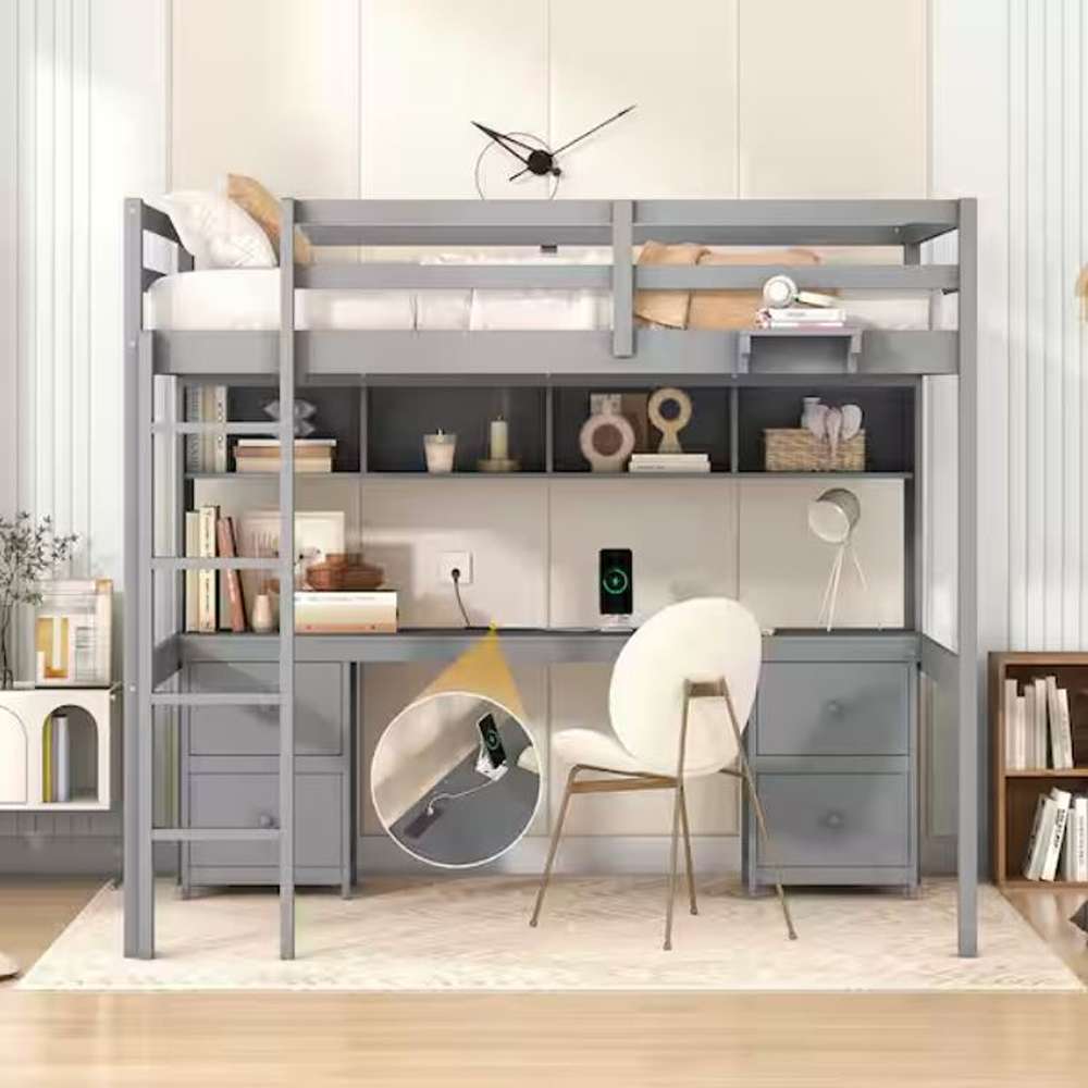 Full Size Loft Bed with Desk, Cabinets, Drawers and Bedside Tray, Charging Station, Gray
