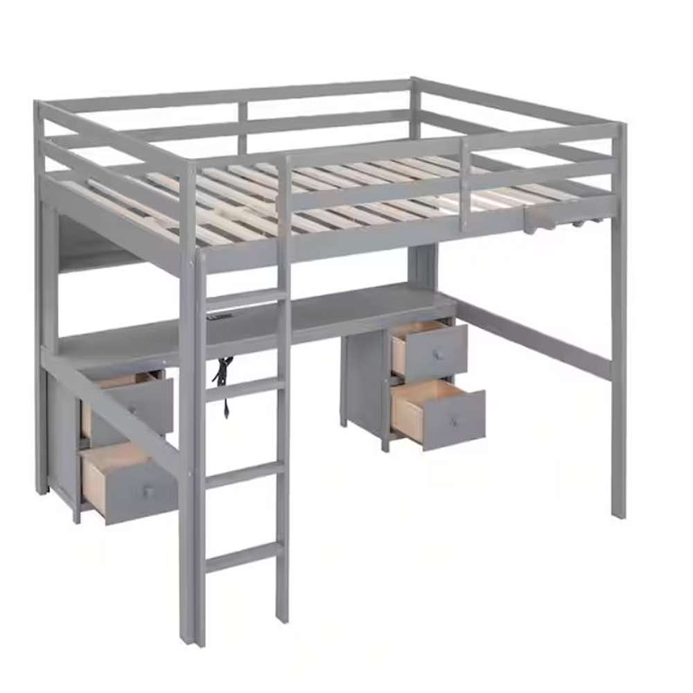 Full Size Loft Bed with Desk, Cabinets, Drawers and Bedside Tray, Charging Station, Gray