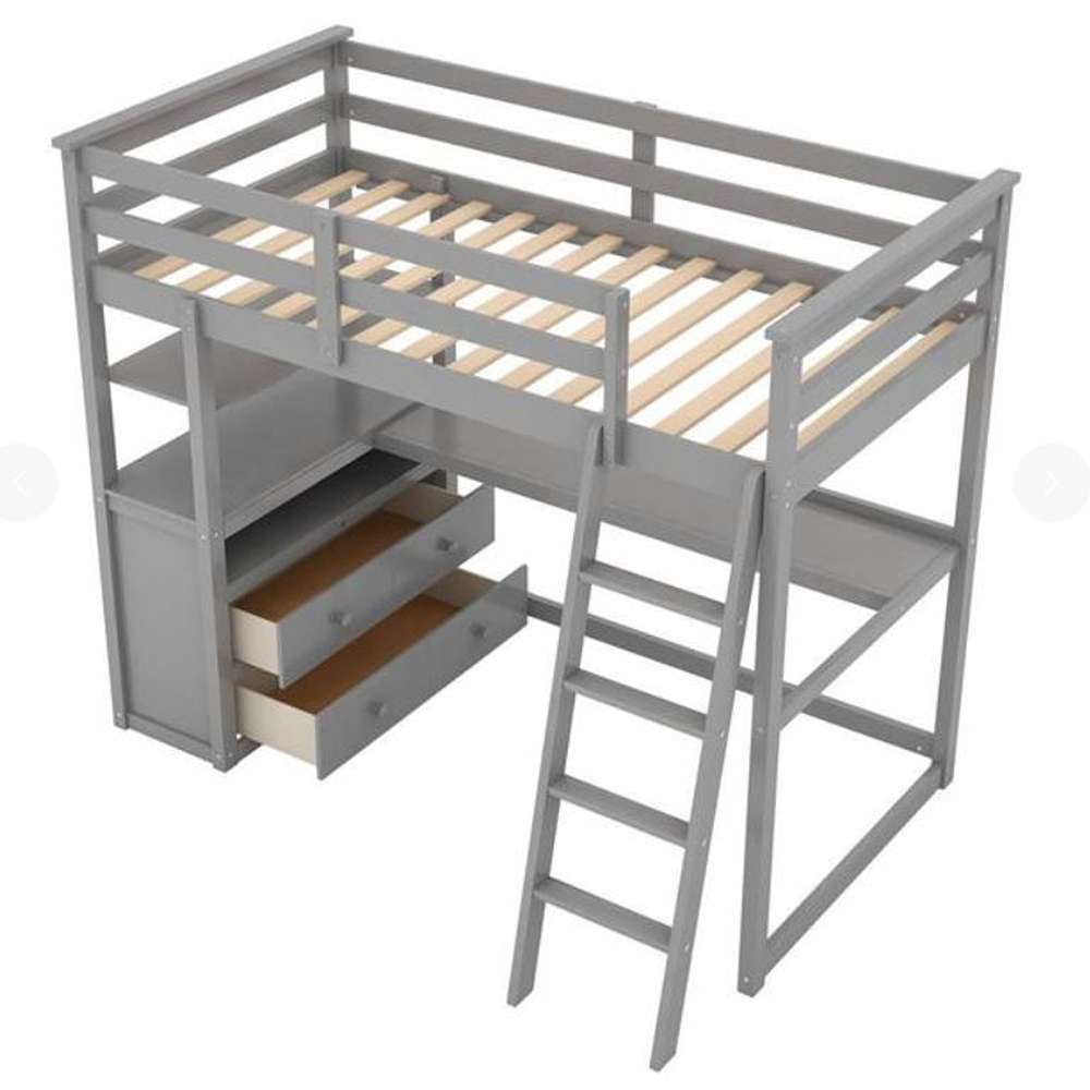 Gray Twin Size Loft Bed with Desk and Shelves